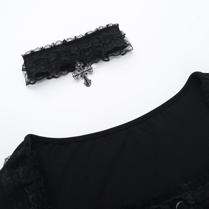 Long sleeve ruffle lace hem necklace top