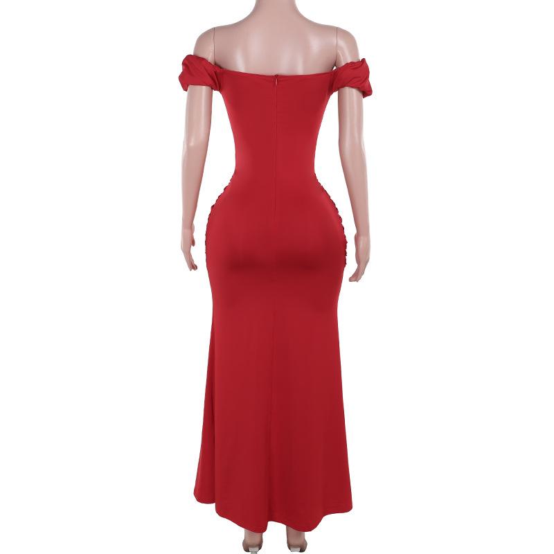 Off shoulder ruched knotted zip-up maxi dress  | red tango dress