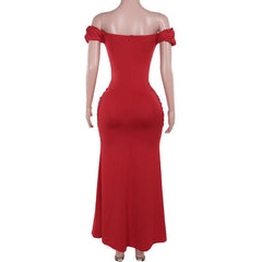 Off shoulder ruched knotted zip-up maxi dress  | red tango dress