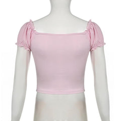 Short puff sleeve hollow out bowknot cut out top