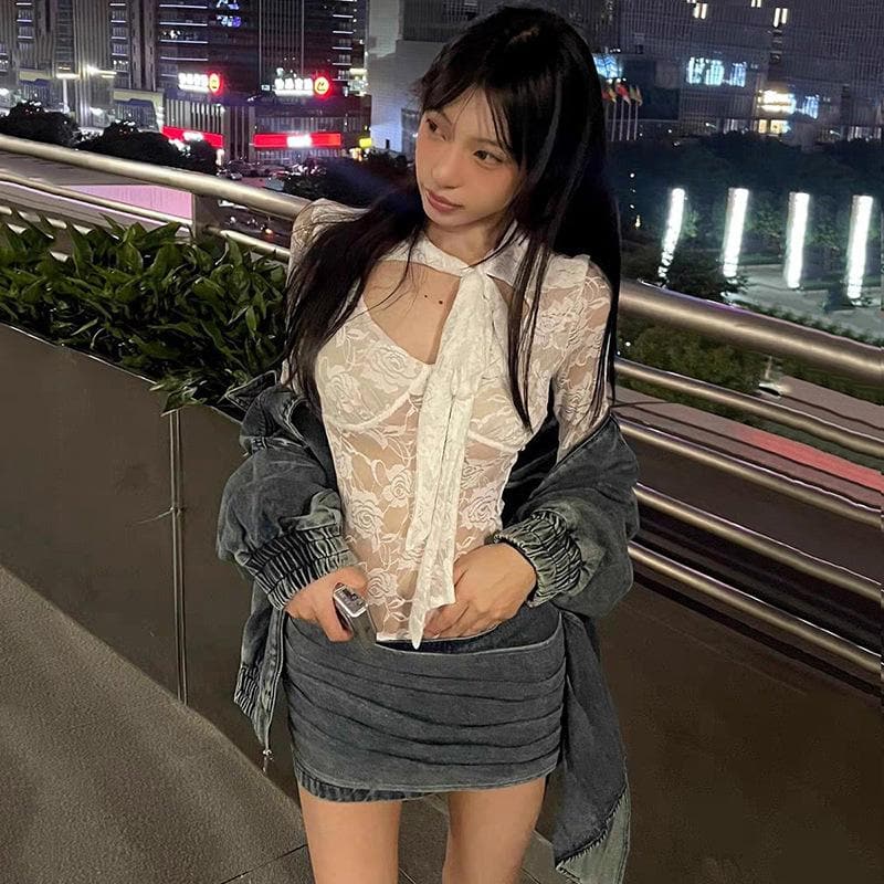Self tie lace solid long sleeve hollow out top