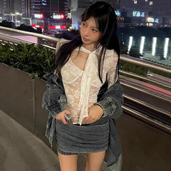 Self tie lace solid long sleeve hollow out top