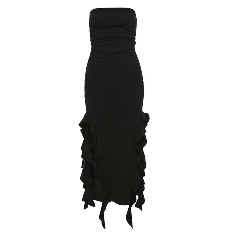 Solid slit irregular ruffle ribbon backless tube midi dress  | red tango dress