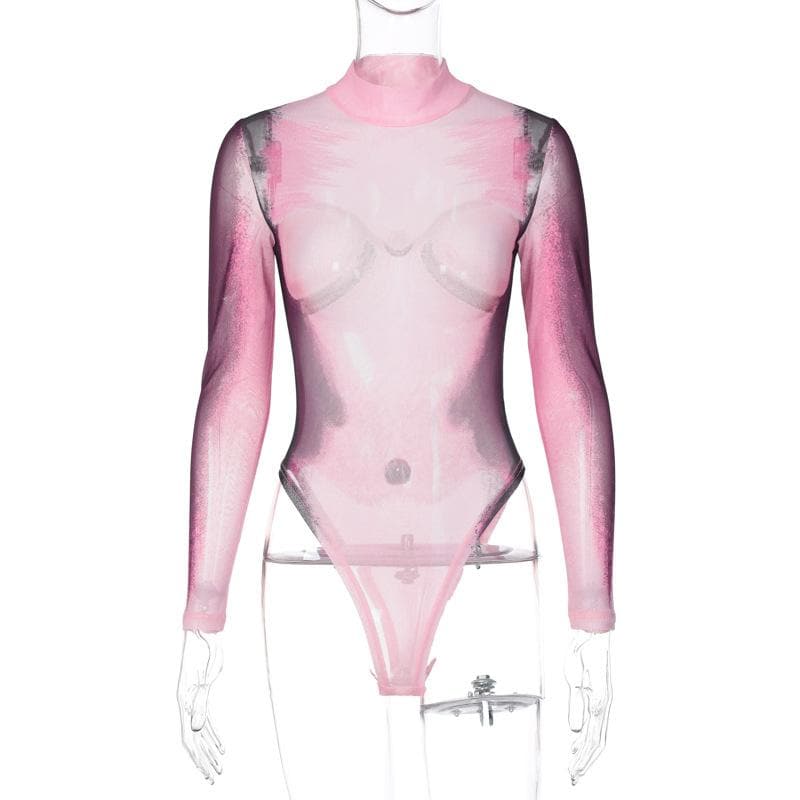 Sheer mesh see through body print high neck long sleeve bodysuit