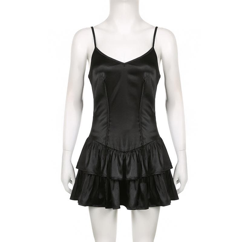 Satin v neck backless zip-up ruched solid cami mini dress