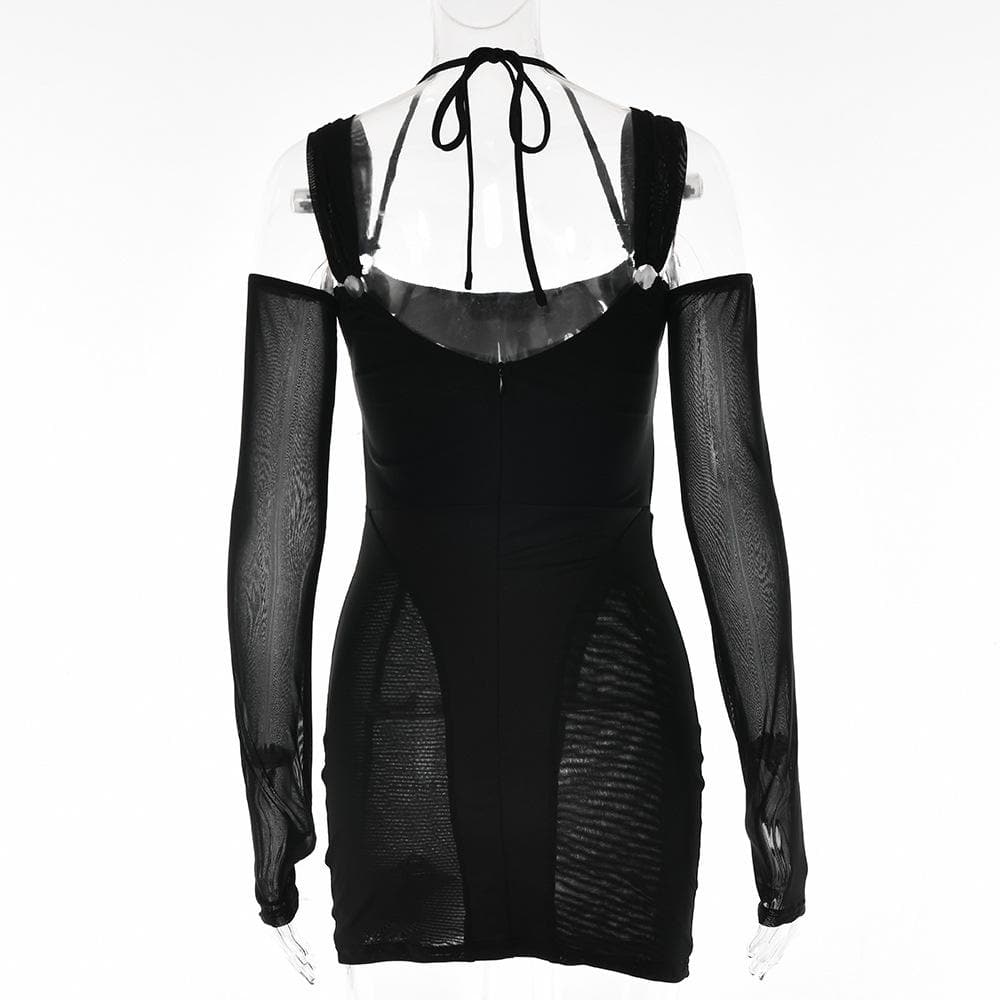 Gloves mesh corset off shoulder hollow out long sleeve halter mini dress  | red tango dress