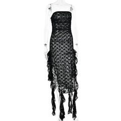 Lace ruffle solid high slit see through tube midi dress