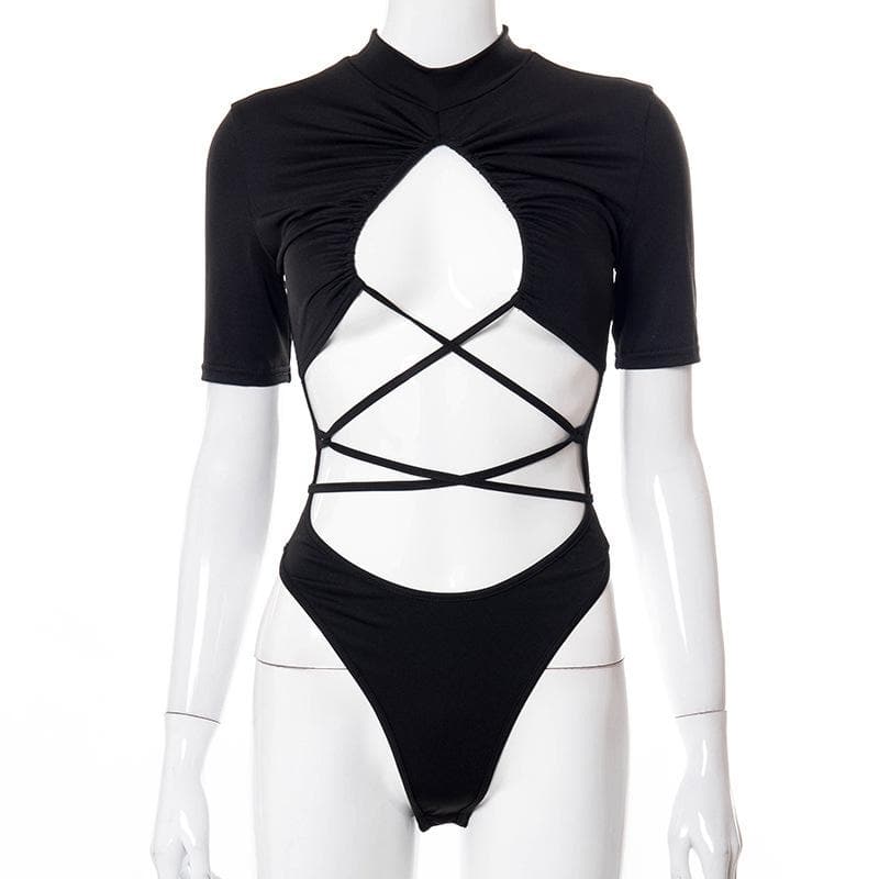 Short sleeve high neck ruched lace up hollow out bodysuit