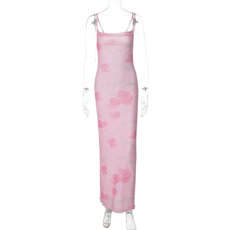 Print mesh knotted backless cami maxi dress