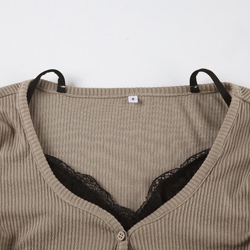 Long sleeve lace hem patchwork button top