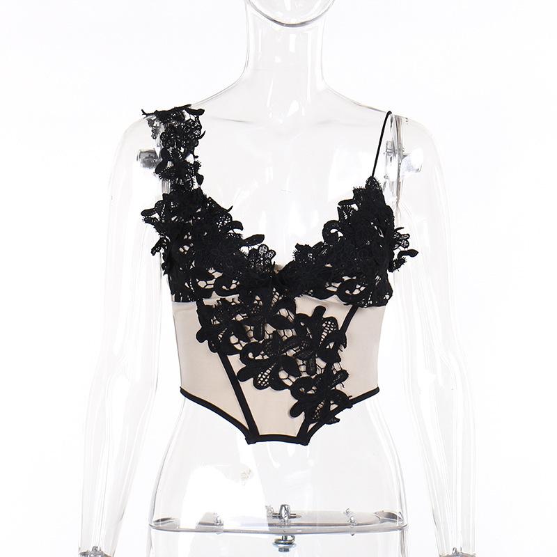 Flower embroidery bustier backless cami top