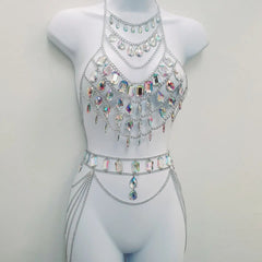 Halter crystal hollow out metal chain waist chain set