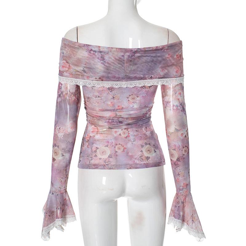 Off shoulder long sleeve flower print lace hem mesh top