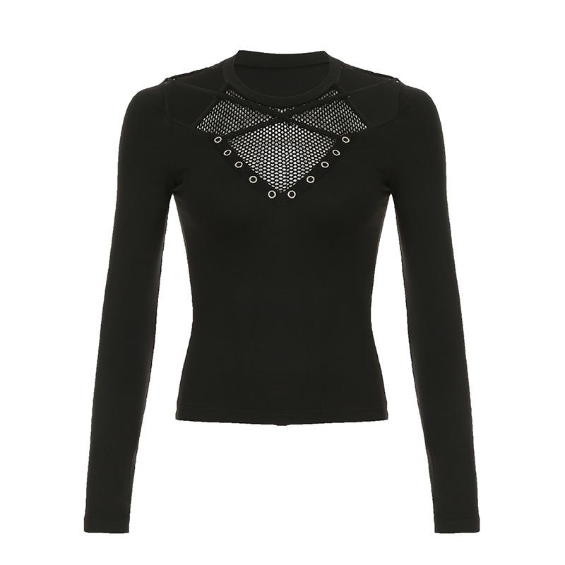 Long sleeve cross front hollow out fishnet patchwork top