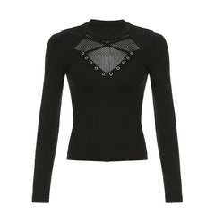 Long sleeve cross front hollow out fishnet patchwork top