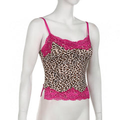 Leopard print lace hem slit cami top