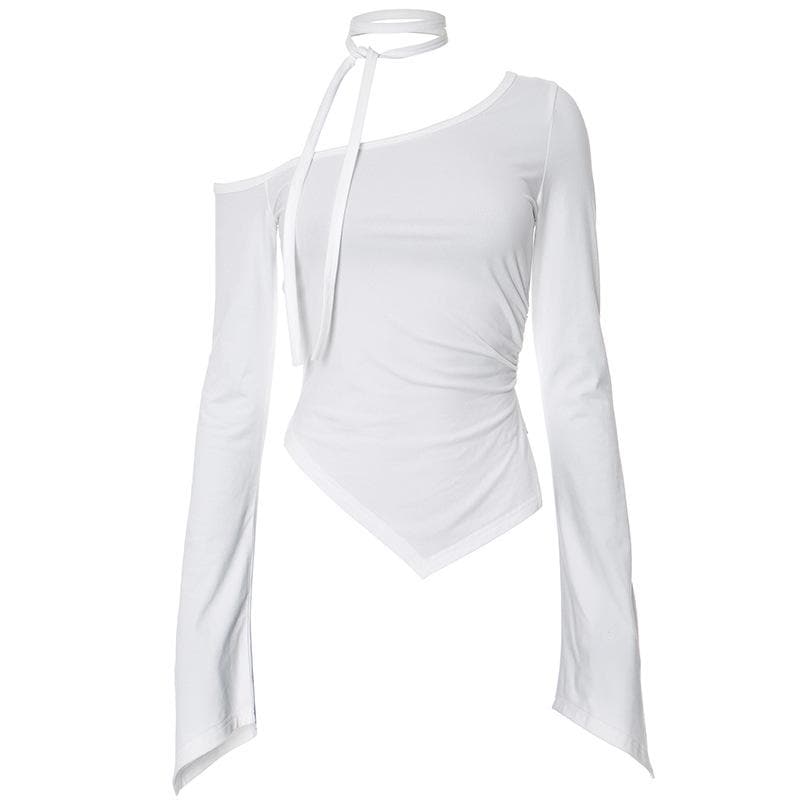 Long flared sleeve off shoulder ruched irregular top