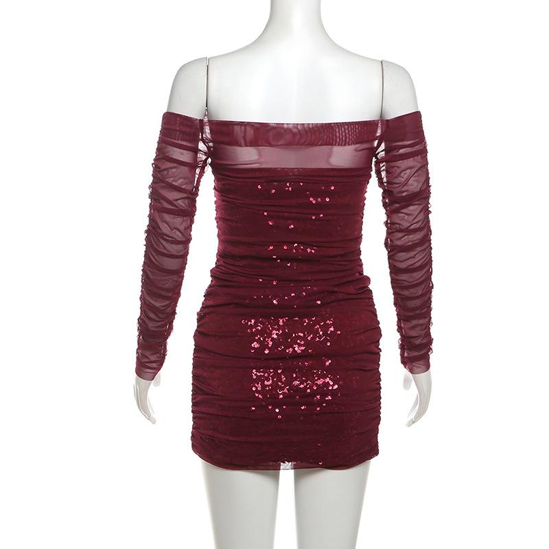 Off shoulder glitter long sleeve mesh ruched mini dress