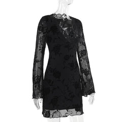 V neck long sleeve flower pattern mesh mini dress