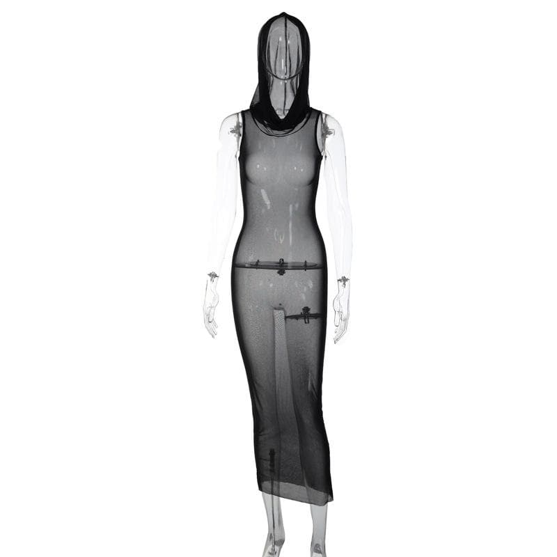 Sheer mesh see through hoodie sleeveless maxi dress  | samba dress