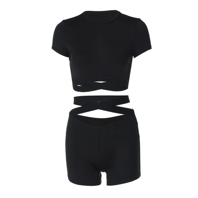 Short sleeve crewneck hollow out backless pant set