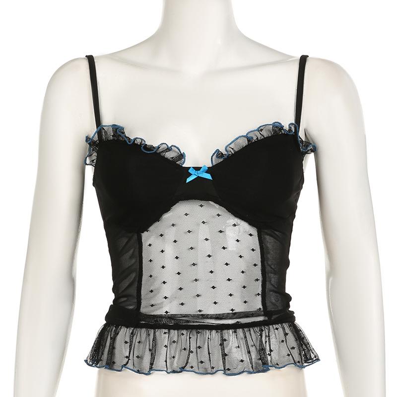 V neck polka dot bowknot mesh ruffle cami top