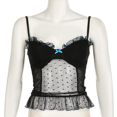 V neck polka dot bowknot mesh ruffle cami top