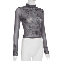 High neck long sleeve mesh butterfly print top