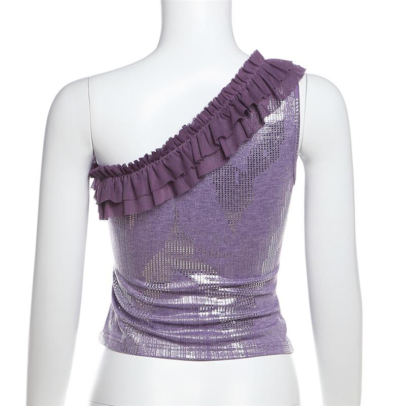 One shoulder ruffle print metallic irregular top