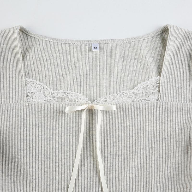 Long sleeve lace hem bowknot ribbed top