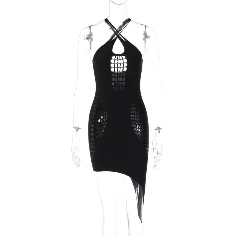 Hollow out solid irregular cross front backless mini dress  | black rave dress  | black rave dress