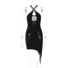 Hollow out solid irregular cross front backless mini dress  | black rave dress  | black rave dress