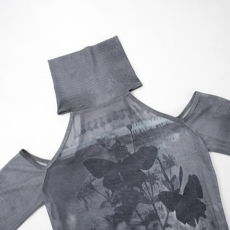 Long flared sleeve high neck sheer mesh print off shoulder top