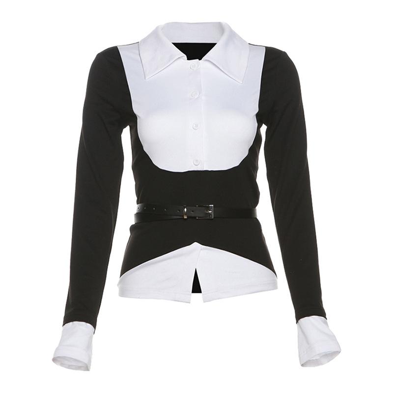 Turnover collar long sleeve button patchwork belt top