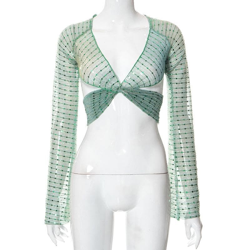 Sheer mesh see through knotted self tie long sleeve glitter crop top