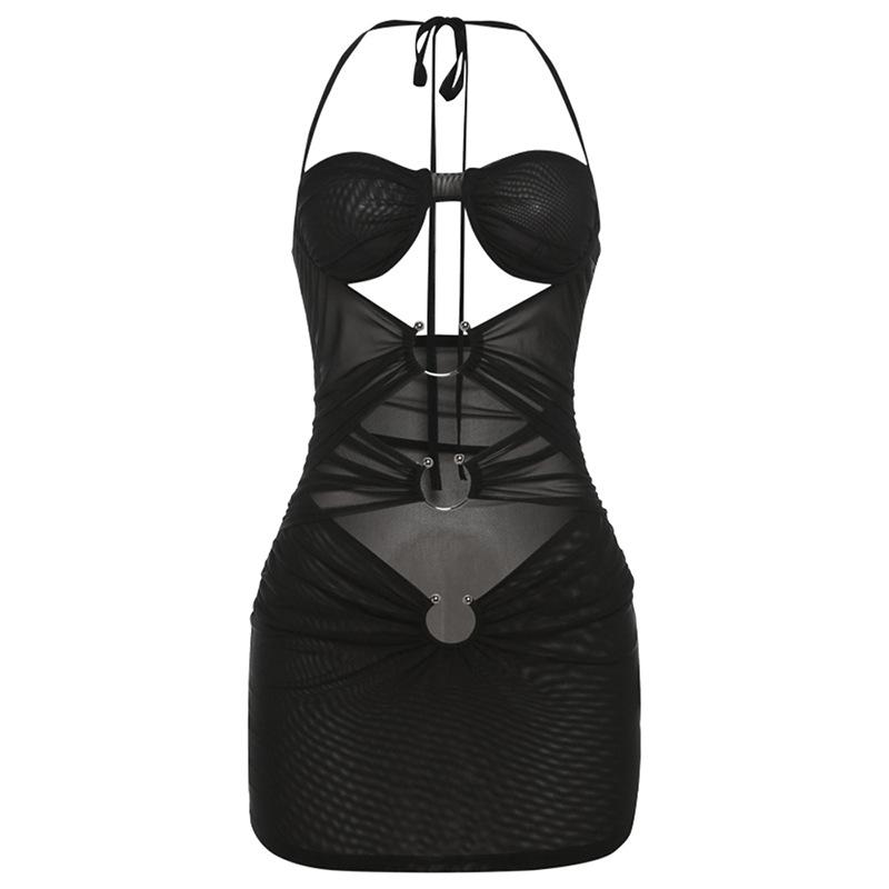 Sheer mesh halter self tie hollow out ruched mini dress  | samba dress