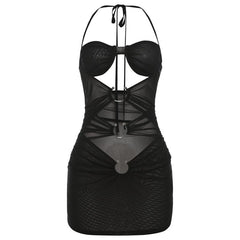Sheer mesh halter self tie hollow out ruched mini dress  | samba dress