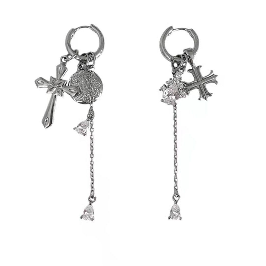 Cross pendant metal chain drop earrings