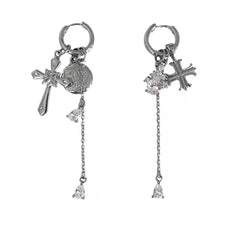Cross pendant metal chain drop earrings