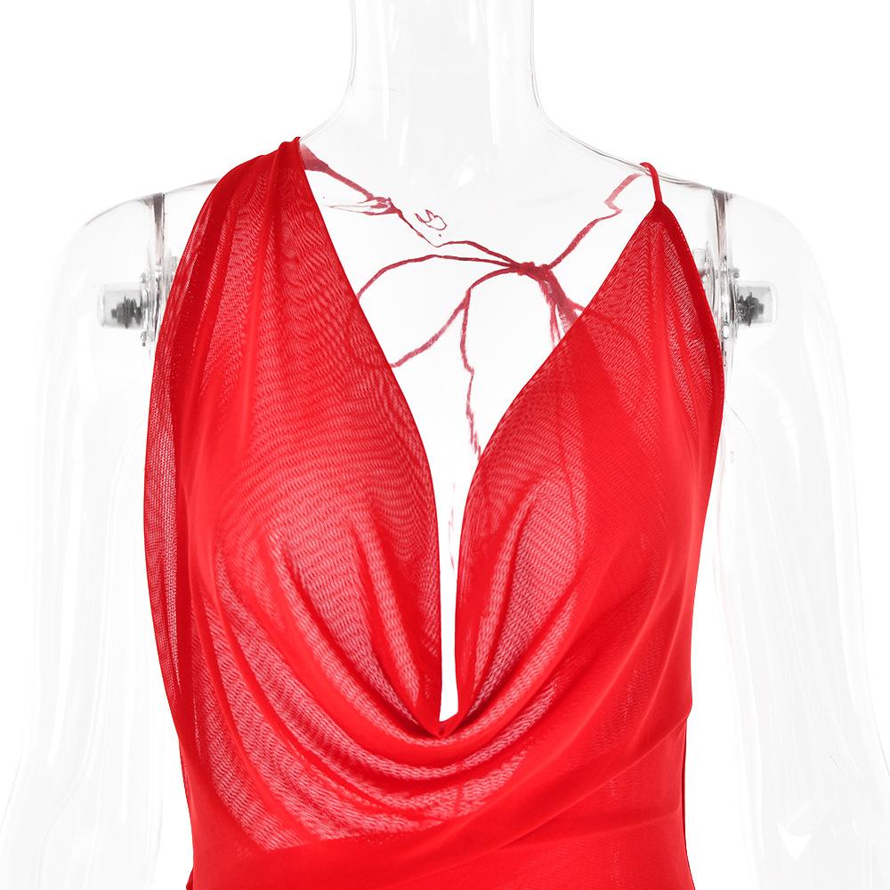 Sleeveless cowl neck low cut ruffle ruched backless mini dress  | red tango dress