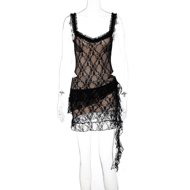 Lace ruffle ruched hollow out cami mini dress