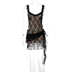 Lace ruffle ruched hollow out cami mini dress