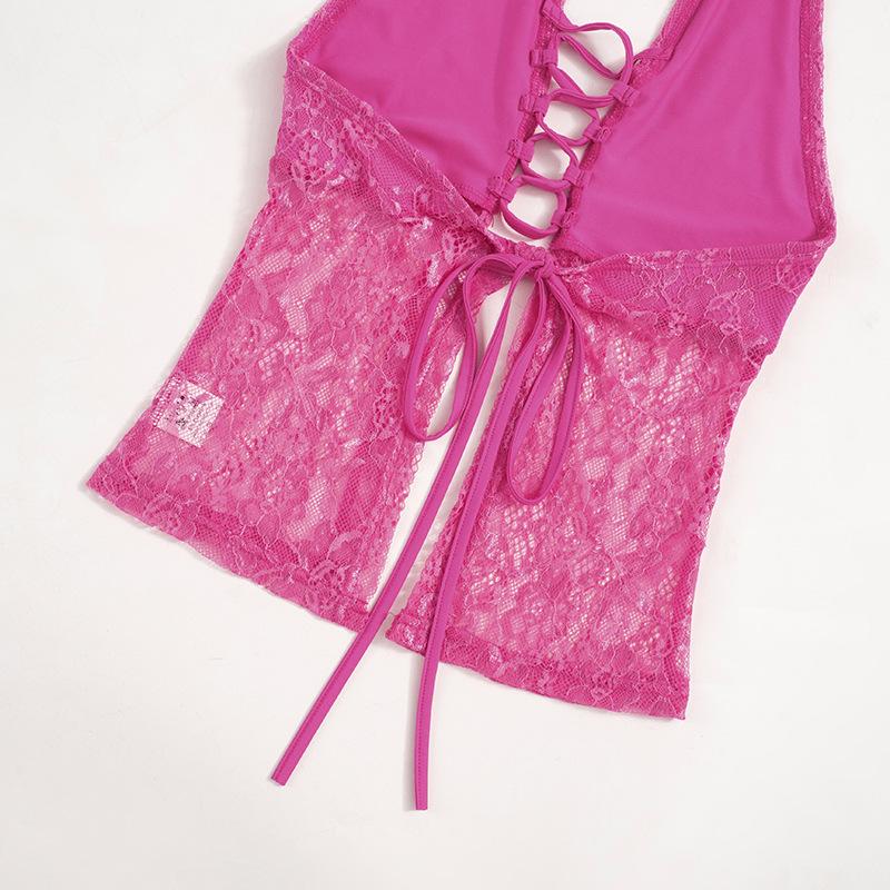 Halter lace knotted lace up mini skirt set