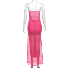 Mesh ruched hollow out see through tube cut out maxi dress  | red tango dress