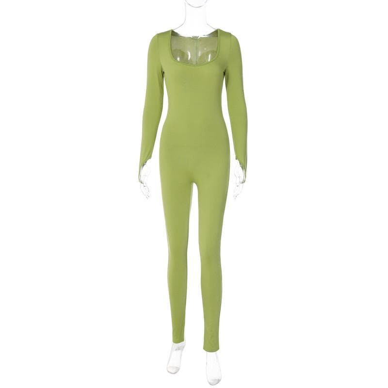 Long sleeve solid u neck slit jumpsuit