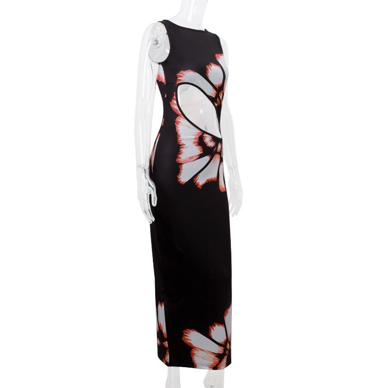 Crewneck hollow out print tank maxi dress