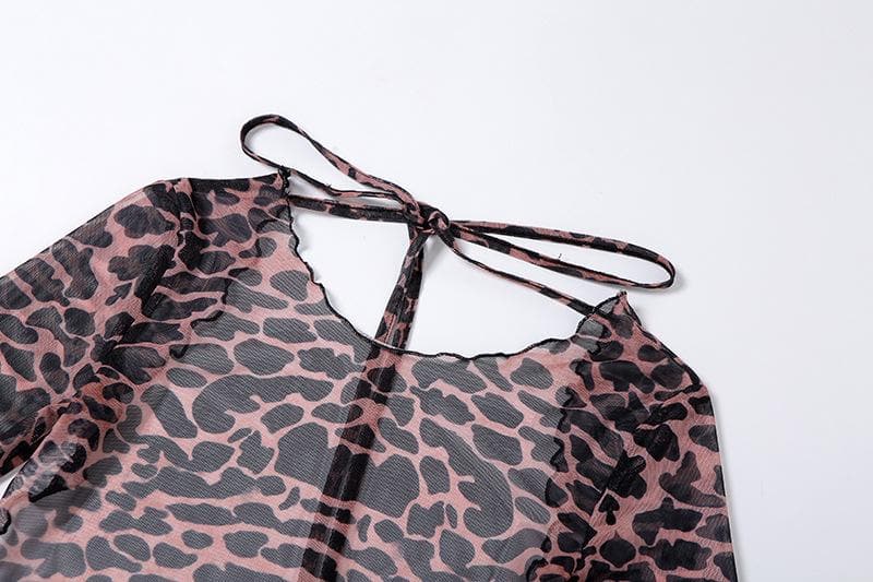 Sheer mesh leopard print contrast see through self tie backless mini dress  | samba dress