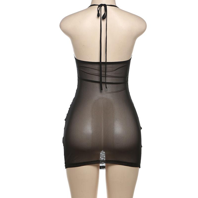 Sheer mesh halter self tie hollow out ruched mini dress  | samba dress
