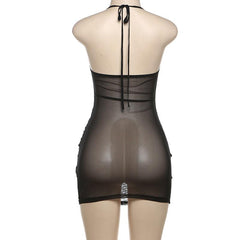 Sheer mesh halter self tie hollow out ruched mini dress  | samba dress