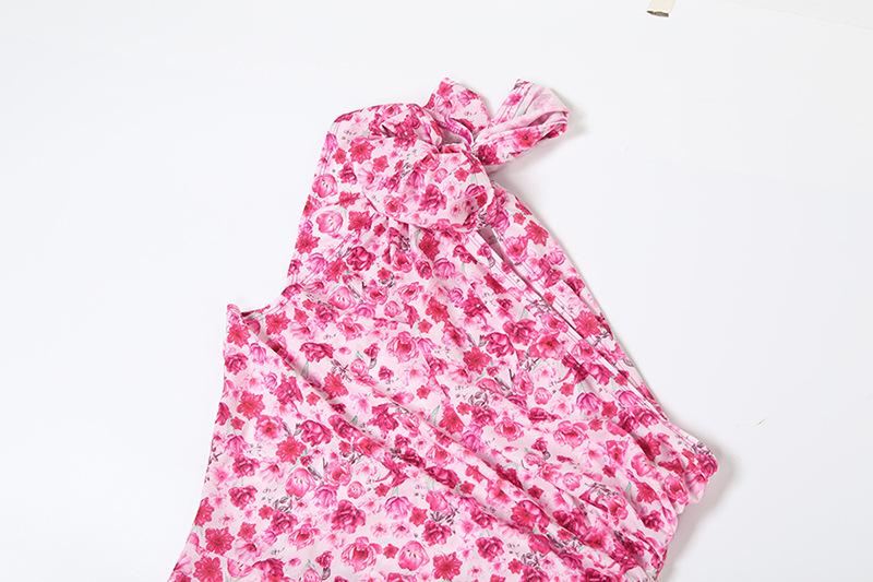 One shoulder knotted slit flower print ruffle maxi dress
